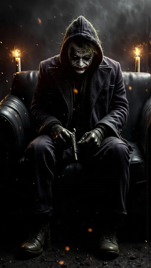 Prompt: A realistic photo of Joker sitting on an old couch in a dark, smoky camper with only two candles burning at night. Joker is wearing a military camoflage hoodie, baggy black cargo pants, and camoflage Addidas shoes. Joker's expression and body show depressed and lost hope. Joker is looking at his lap where he is holding a pistol in his right hand. The two candles orange glow provides definitive shadows and highlights. The image is in 8K, high resolution, and extremely detailed masterpiece. 