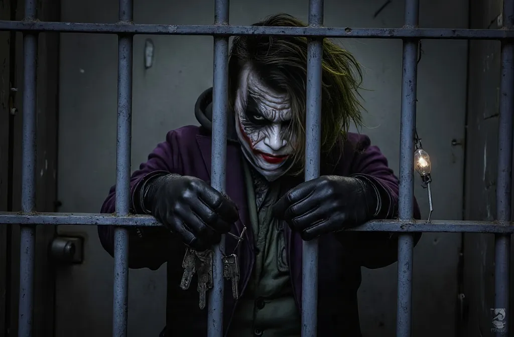 Prompt: Joker standing in a jail cell by himself. He is wearing an all black hoodie, baggy black cargo pants and black boots. He is standing next to the cell bars with his arms rested and on bars sticking through to the outside. He is holding the keys to the jail cell out in front of himself through the bars of the cell with a smile on his face. The jail cell is dark besides a single bulb in the center of the cell hanging by a string and barely works. The cell is cold and shadows are dark. 8K, high quality, highly detailed, full body view and taken from outside the jail cell 