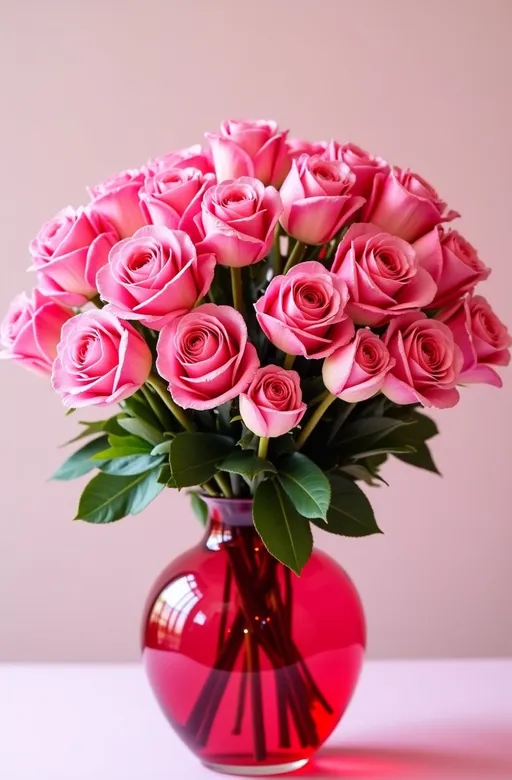 Prompt: A realistic bouquet of a dozen neon pink with bright white swirls throughout roses in a vase with bright white that have pink swirls tulips. The vace is a glass heart red in color.