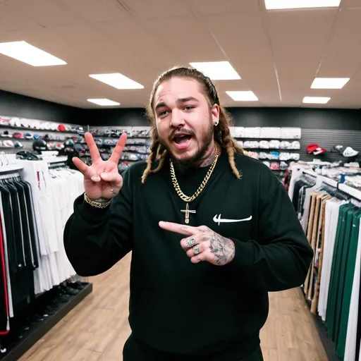 Prompt: 800 foot tall Post Malone smashing a golf store with his finger