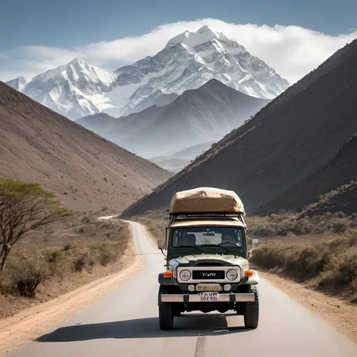 Prompt: A mountain with a road leading to it with a classic Land Cruiser Toyota on the road