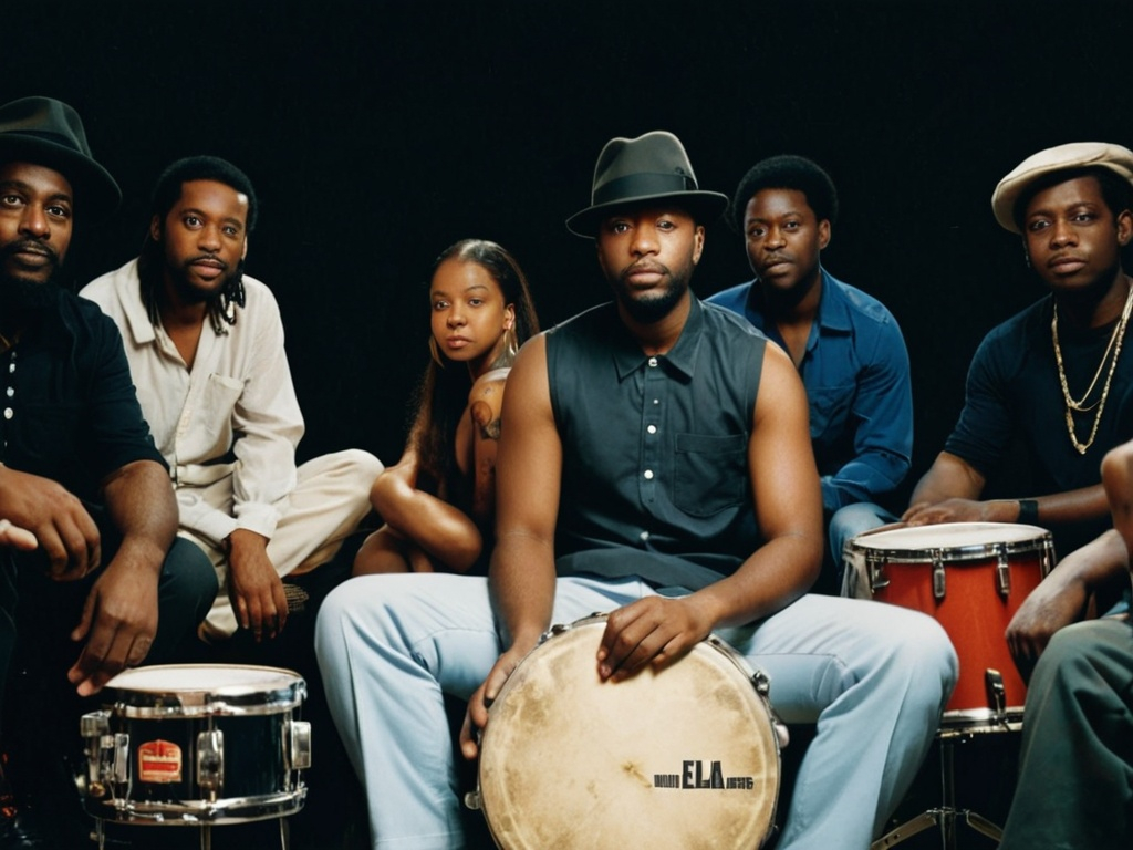 Prompt: a group of people sitting around a drum set with a man in a hat on the drums behind them, Ella Guru, black arts movement, promotional image, an album cover