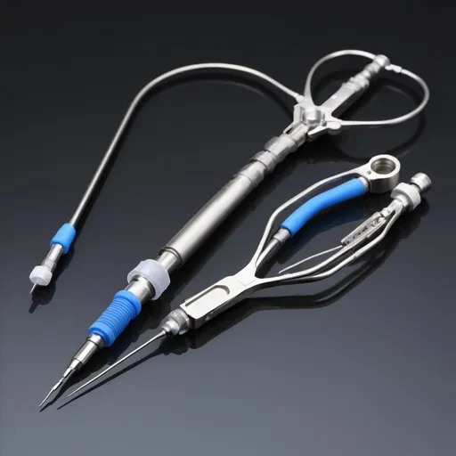 Prompt: Laparoscopic needle holder, surgical steel material, precise grip, high precision tool, detailed mechanical parts, sterile environment, top quality, medical illustration, stainless steel, bright lighting, ultra-detailed, professional, clean and precise