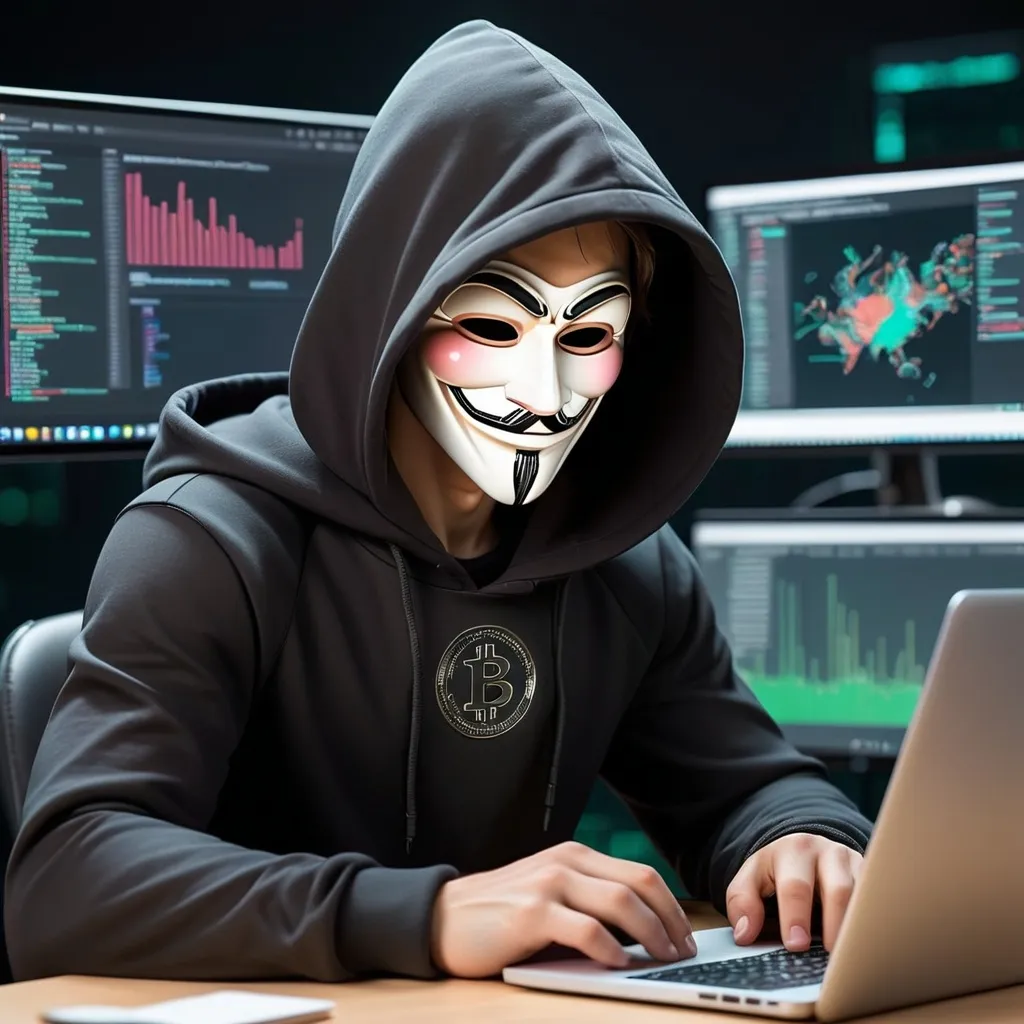 Prompt: (cryptocurrency theme) anonymous crypto developer having his face covered with a black hoodie which has jackrypt written on its chest region, focused and dedicated, typing on a laptop, futuristic workspace, dim low lighting, screens displaying complex code and graphs, high-tech tools scattered, understated and minimalist aesthetic, cool tones, a sense of innovation and mystery, ultra-detailed, 4k result