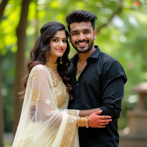 Prompt: In a vibrant outdoor setting, a couple embraces in a moment of joy and celebration, both dressed elegantly for a festive occasion. The man sports a stylish black shirt, showcasing a confident smile and a gold chain that adds a touch of sophistication, while the woman shines in a delicate white saree adorned with golden floral patterns, accentuating her graceful presence. Her hair cascades in soft waves, complemented by intricate jewelry including a choker and bangles, and her hands are beautifully decorated with intricate henna designs. Behind them, the lush greenery and soft natural light create a cheerful ambiance, enhancing the sense of happiness and cultural richness in this striking scene.