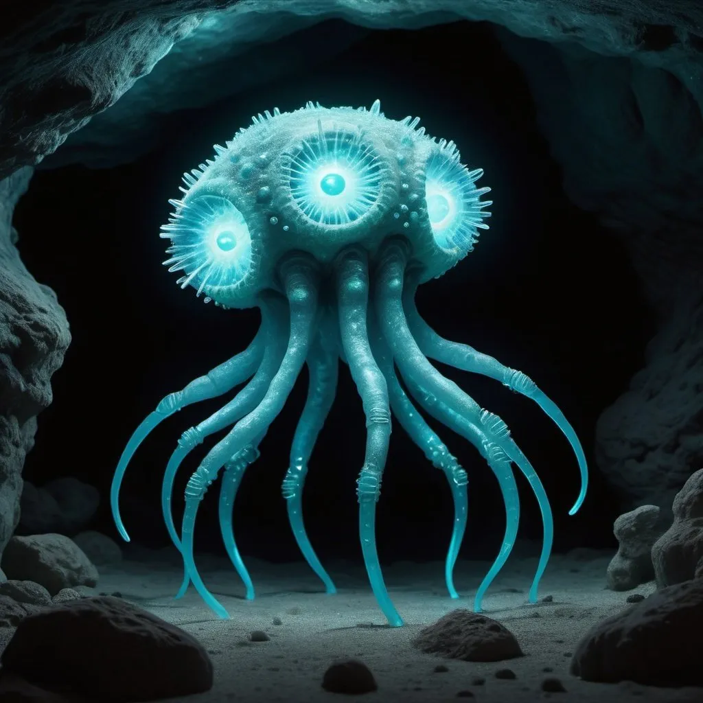 Prompt:  A photorealistic simulation of a single-celled organism evolving into a complex, bioluminescent creature with multiple limbs and eyes, adapted to survive in a cave filled with glowing crystals. Show the evolution in rapid time-lapse.