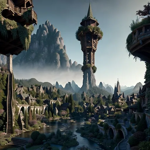 Prompt: A top view from a large garden area into a meticulously detailed circular matrix urban medieval elven river-inspired town. Below, a large river runs through the mountainous landscape, framed by the imposing silhouette of tall mountains on the distant horizon. High resolution, 8k, photorealism, fantasy, cinematic.