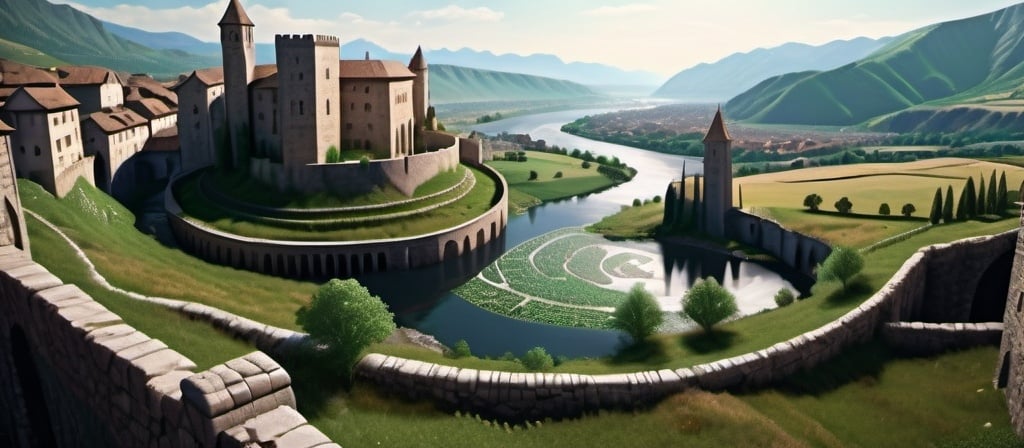 Prompt: A hilltop view looking down to a meticulously detailed circular matrix urban medieval river-inspired town. Encircled by a sturdy stone wall. Below, a large river runs through the mountainous landscape, framed by the imposing silhouette of tall mountains on the distant horizon. High resolution, 8k, photorealism, fantasy, cinematic