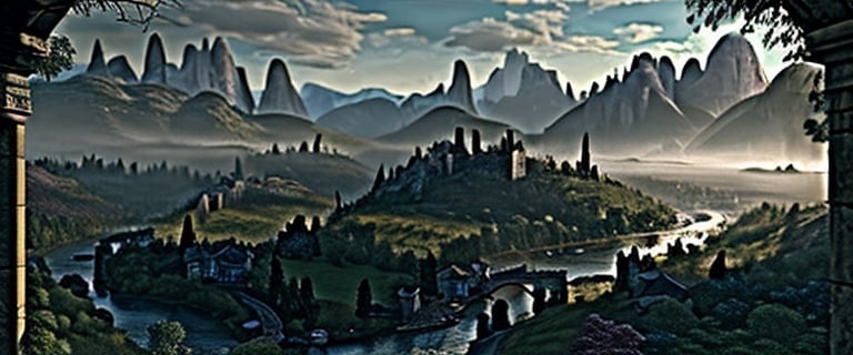 Prompt: A top town centred view from a large garden area looking down to a meticulously detailed circular matrix urban medieval elven river-inspired town. Encircled by a sturdy stone wall. Below, a large river runs through the mountainous landscape, framed by the imposing silhouette of tall mountains on the distant horizon. High resolution, 8k, photorealism, fantasy, cinematic.