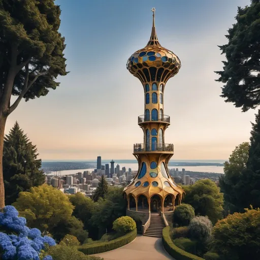 Prompt: A very tall, almost touching the sky, golden and blue like diamond circular Tower, at the top a huge Golden Disc like the tower of Seattle, at the base trees and gardens, in the middle of the tower golden and diamond material made that resemble Antonio Gaudi Style, each stair connects to a different mansion, in total there are three, intricate, detailed materials, professionally color graded, photorealism, 8k, moody lighting 