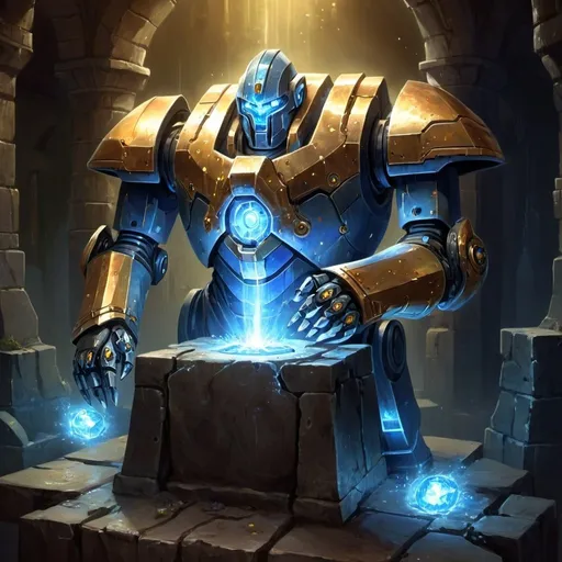 Prompt: "Craft an image depicting a mecha golem one arm is a Forge the other a blacksmith anvil, made by the Elven Gods. This mystical construct, adorned with blue and golden crystals, resides within an ancient dungeon, emitting a radiant, multicolored glow. be high-res, detailed, and imbued with fantasy, mystical, and magical elements, evoking the allure of professional, colorful, and enchanting fantasy art."
