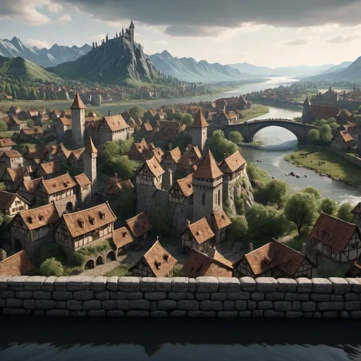 Prompt: Enhance the scene by replacing the background city with a meticulously detailed medieval river-inspired town. Encircled by a sturdy stone wall,  Below, a tranquil river meanders through the landscape, framed by the imposing silhouette of tall mountains on the distant horizon. highness, 8k, photorealism, fantasy, cinematic 