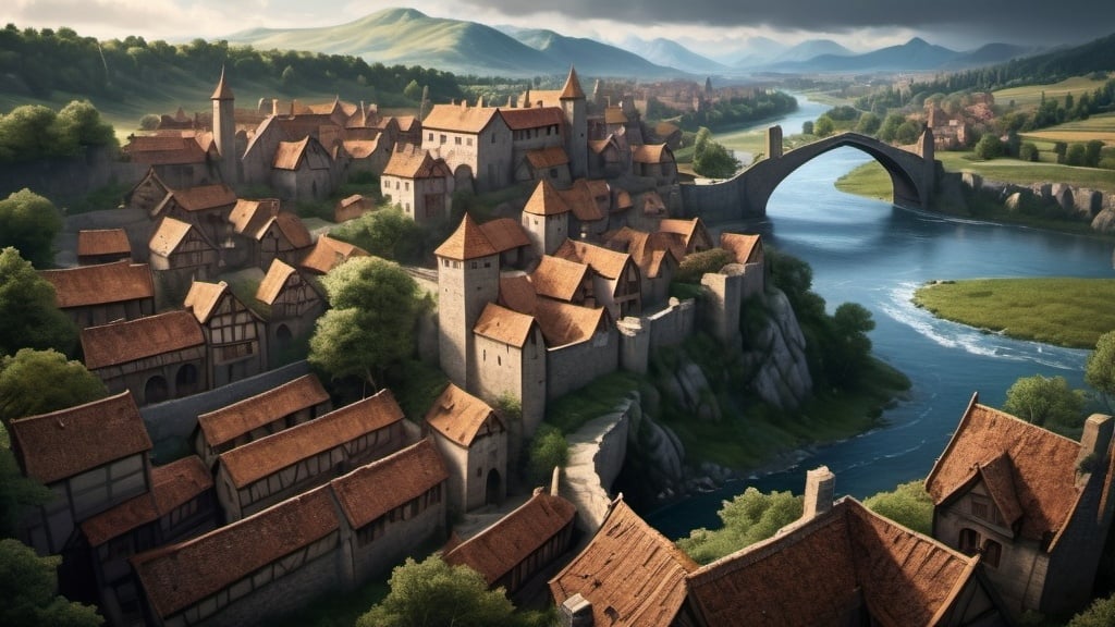 Prompt: Enhance the scene by replacing the background city with a meticulously detailed medieval river-inspired town. Encircled by a sturdy stone wall,  Below, a tranquil river meanders through the landscape, framed by the imposing silhouette of tall mountains on the distant horizon. highness, 8k, photorealism, fantasy, cinematic 