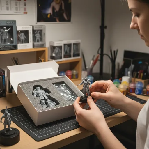 Prompt: Nure two hand gently pick up the figure on the frame and rotate it slightly for inspection the model in the packaging box remain stationary, while all other background elements stay unchanged. Keep back at the same position as the original image