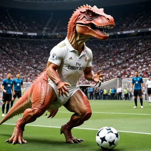 Prompt: T-Rex was playing football in the stadium against Cristiano Ronaldo