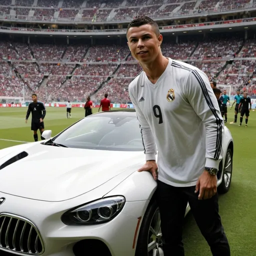 Prompt: Ronaldo drove a car on the soccer field