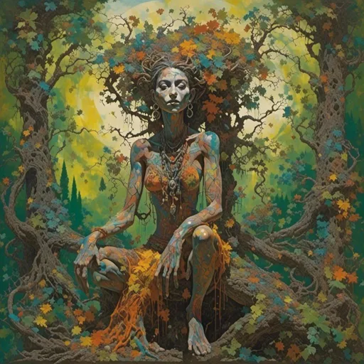 Prompt: <mymodel>(Shaman blending into the environment), mystical forest setting, vibrant foliage, intricate tribal attire, flowing robes intertwining with nature, embodying harmony with surroundings, warm, serene light filtering through the trees, rich greens and earthy browns, delicate patterns on clothing, connection to natural elements, captivates a sense of spiritual peace, high detail, ultra-detailed, enchanting ambiance. the cosmos  as the background