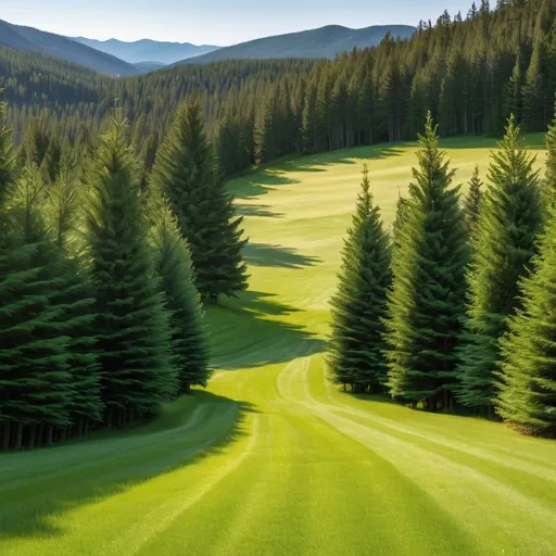 Prompt: Long view Circular grass field surrounded by beautiful evergreen trees