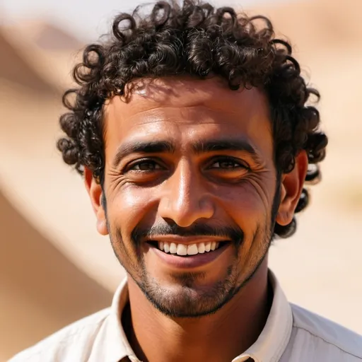 Prompt: Attractive Arabian Bedouin Nabatean Man with dark skin and short curly hair smiling