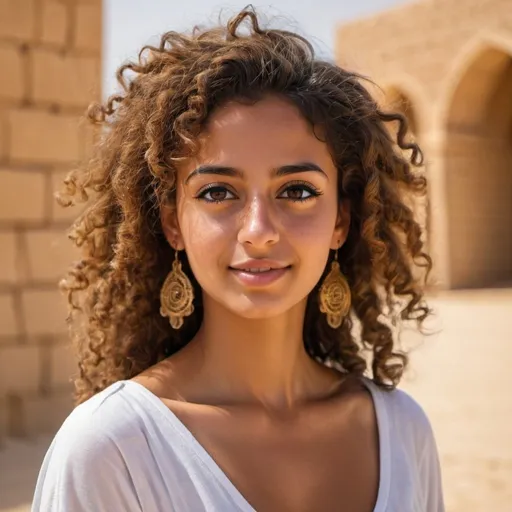 Prompt: Beautiful tanned young Arabian Nabataean woman with curly hair