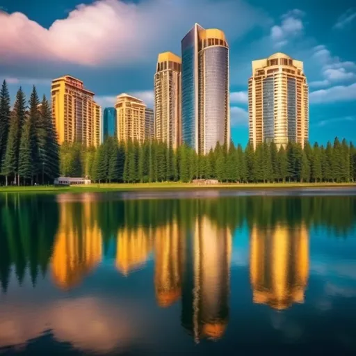 Prompt: beautiful view of luxury curved skyscraper hotels from a blue lake with evergreen trees 