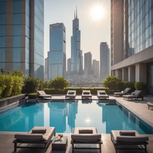 Prompt: Luxury city skyline view from hotel pool  sunny