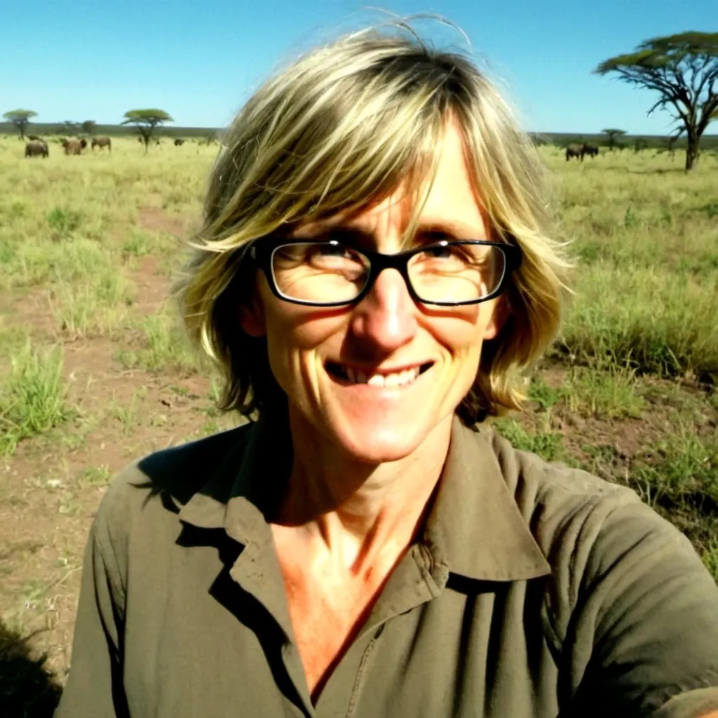 Prompt: Long shot Wide-view of That Vegan Teacher as a Wild Hunter Gatherer standing in the sunny African Savanna with beautiful trees in the distance 