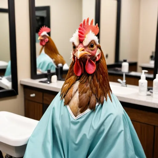 Prompt: A chicken wearing a gown reviewing a haircut at a hair salon