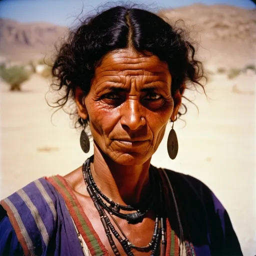 Prompt: Analog film photography still, portrait of a Nabataean Bedouin woman 