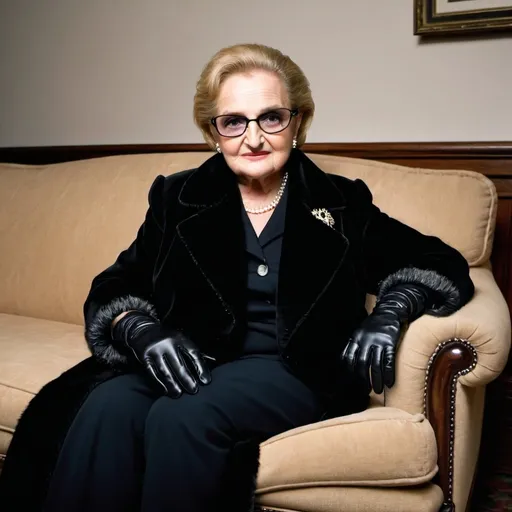 Prompt: Madeleine Albright in high patent black boots and blak gloves  glasses furcoats on sofa