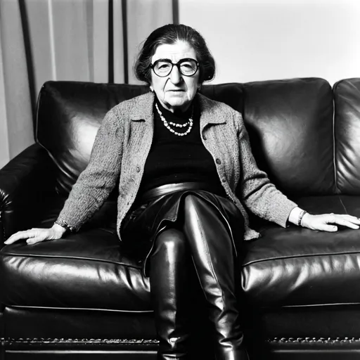 Prompt:  golda meir  in seventies high patentn boots with leather skirt and glasses on sofa