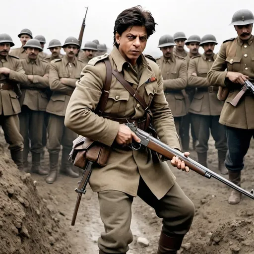 Prompt: Shahrukh Khan fighting on Trench in ww1, holding his rifle, ottoman army