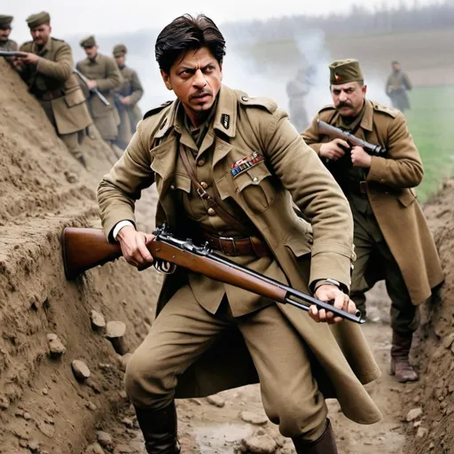 Prompt: Shahrukh Khan fighting on Trench in ww1, holding his rifle, ottoman army