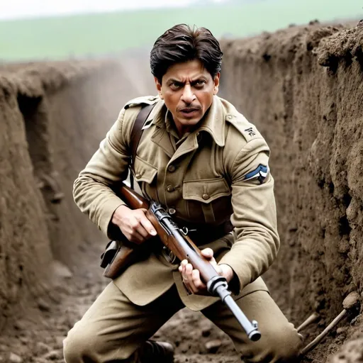 Prompt: Shahrukh Khan fighting on Trench in ww1, holding his rifle