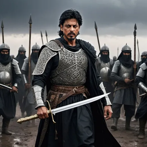 Prompt: Shahrukh Khan, Leader of the Caliphate, wearing Arabic armor, holding a sword, Standing on a battlefield with horde of his warriors, Horde holding Black flag behind him, Dark Cloudy rain, Medieval, 4k