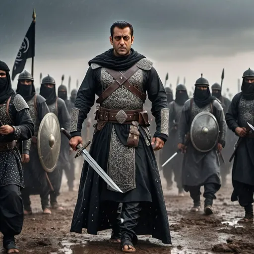 Prompt: Salman Khan, Leader of the Caliphate, wearing Arabic armor, holding a sword, Standing on a battlefield with horde of his warriors, Horde holding Black flag behind him, Dark Cloudy rain, Medieval, 4k