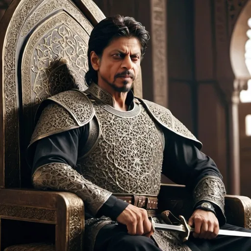 Prompt: Shahrukh Khan, Leader of the Caliphate, sitting on the throne, wearing Arabic armor, holding a sword, 4k, Medieval