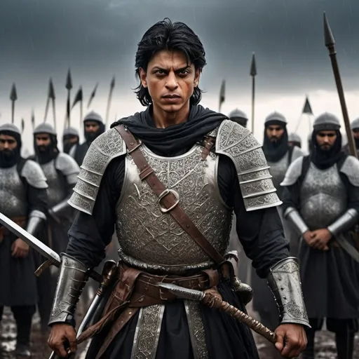 Prompt: young Shahrukh Khan, Leader of the Caliphate, wearing Arabic armor, holding a sword, Standing on a battlefield with horde of his warriors, Horde holding Black flag behind him, Dark Cloudy rain, Medieval, 4k