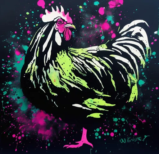 Prompt: Graffiti, splatter painting of chicken, vivrant green and fluorescent pink background, small black dots add waterpainting marks