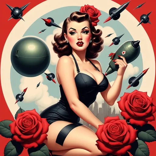 Prompt: A PIN UP STYLE FEMALES WITH ROSES AND BOMBS ALL AROUND THEM