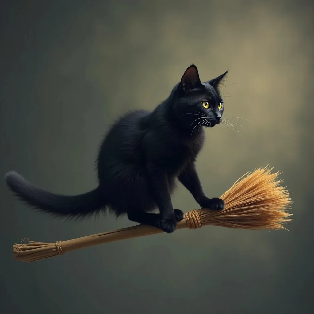 Prompt: create a cat black on a broom flying
