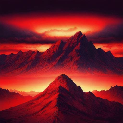 Prompt: Mountain face with horizon of blood, blood-red sky, eerie and surreal atmosphere, hyper-realistic digital painting, high quality, intense and vivid colors, detailed textures, surreal landscape, haunting, professional, atmospheric lighting, dramatic shadows