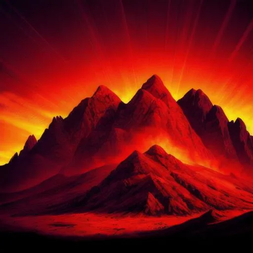 Prompt: Mountain face with horizon of blood, blood-red sky, eerie and surreal atmosphere, hyper-realistic digital painting, high quality, intense and vivid colors, detailed textures, surreal landscape, haunting, professional, atmospheric lighting, dramatic shadows