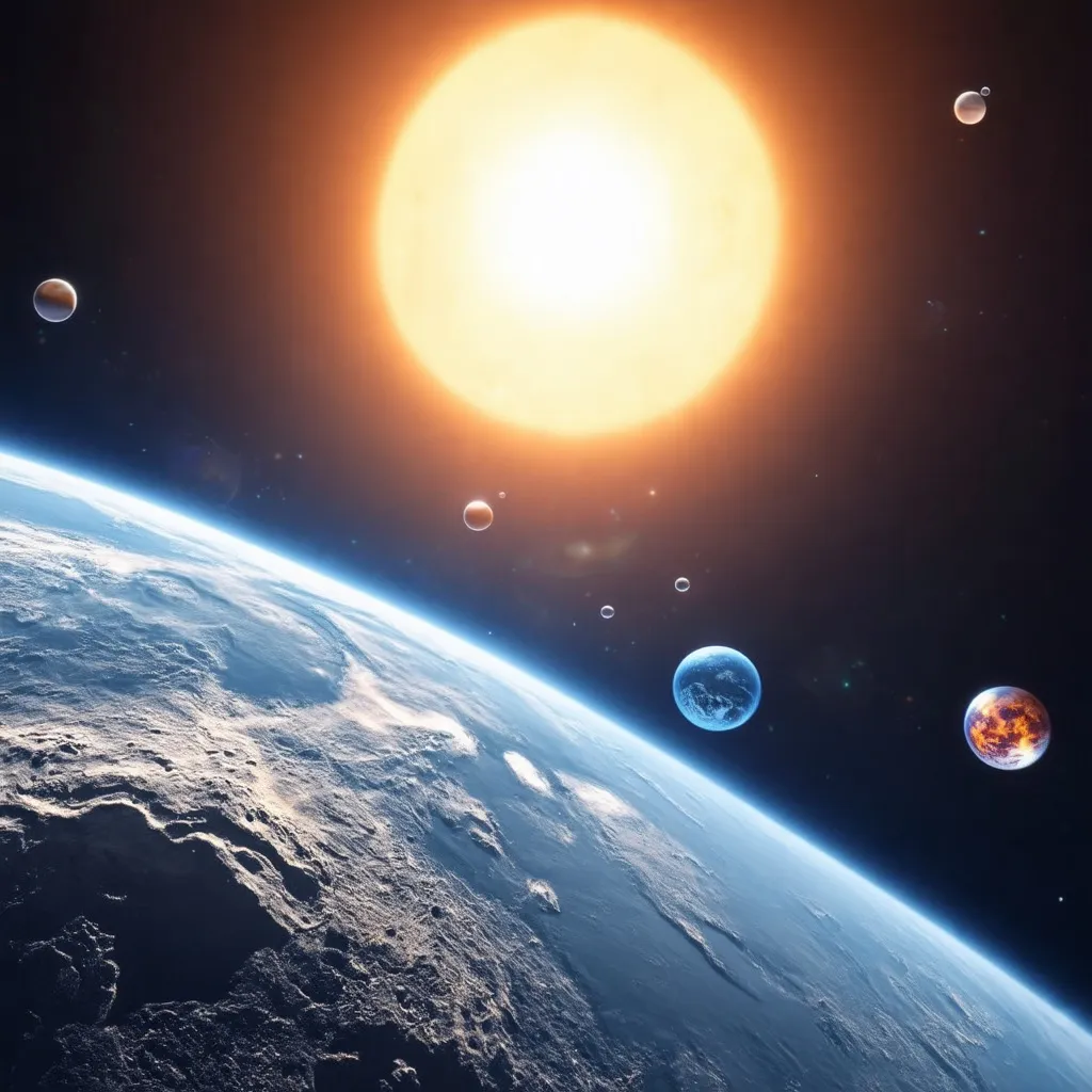 Prompt: space with spheres between sun and the earth