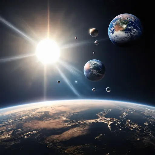 Prompt: space with spheres between sun and the earth