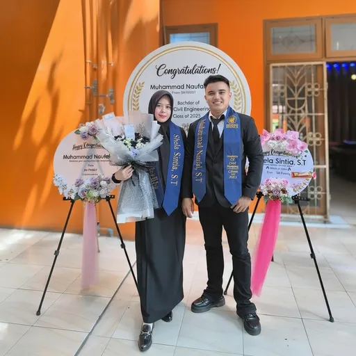 Prompt: In a vibrant indoor setting characterized by warm orange walls, two smiling individuals celebrate a significant academic milestone. The woman, dressed in a stylish black graduation gown and hijab, holds a bouquet adorned with white and dark flowers, while the man, in a black suit and blue graduation sash, stands beside her, exuding pride and joy. They are posed in front of a decorative sign featuring congratulatory messages, highlighting their academic achievements. The lighting enhances the celebratory atmosphere, showcasing the couple's happiness as they mark this momentous occasion together.