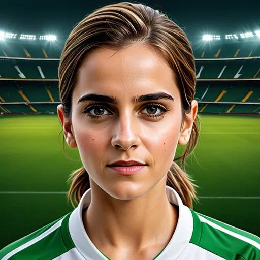 Prompt: (photorealistic) Emma Watson as a Pakistani football player, (smothered face), wearing a football kit, realistic facial features, wide angle, showcasing determination, (4K HD) ultra-detailed image, panoramic aerial view, vibrant stadium backdrop, dynamic football action atmosphere, energetic ambiance, highlighting teamwork and passion, (waifu) illustration style combined with realistic elements, vivid colors for great depth.