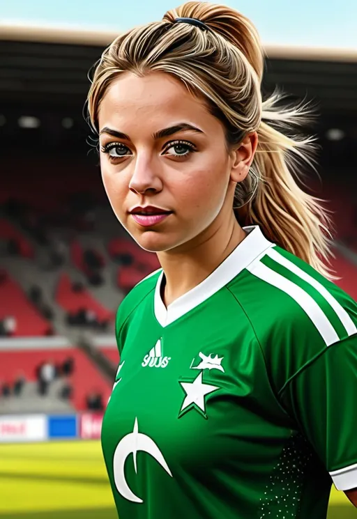 Prompt: (photorealistic) " Sydney Sweeney" as Pakistani football player, (smothered face), wearing a football kit, realistic facial features, wide angle, showcasing determination, (4K HD) ultra-detailed image, panoramic aerial view, vibrant backdrop, dynamic football action atmosphere, energetic ambiance, highlighting passion, (waifu) illustration style combined with realistic elements, vivid colors for great depth.