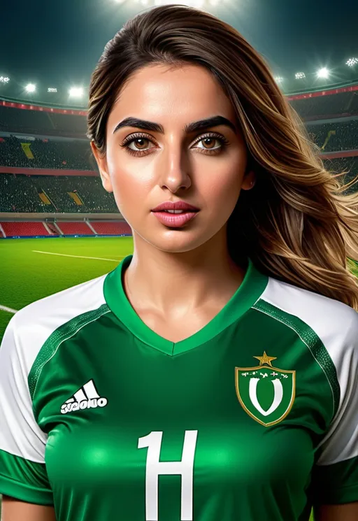 Prompt: (photorealistic) " Ana de Armas" as Pakistani football player, (smothered face), wearing a football kit, realistic facial features, wide angle, showcasing determination, (4K HD) ultra-detailed image, panoramic aerial view, vibrant backdrop, dynamic football action atmosphere, energetic ambiance, highlighting passion, (waifu) illustration style combined with realistic elements, vivid colors for great depth.