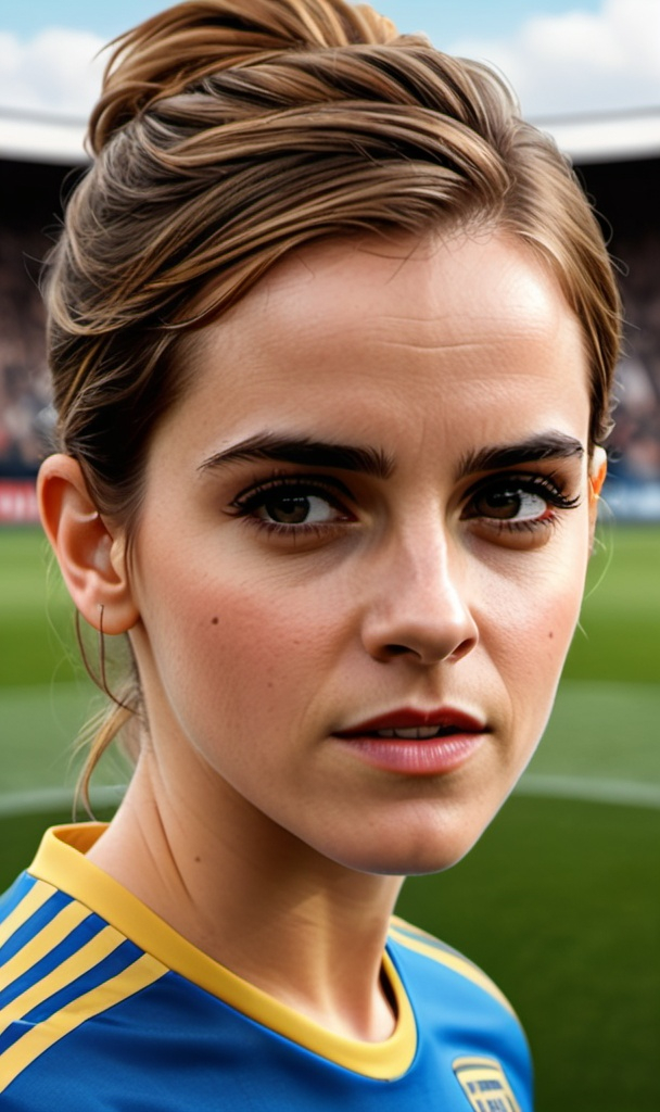 Prompt: " Emma Watson" as football (soccer) players, smother face, realistic, 4K HD, ultra detailed image, waifu, photorealistic., panoramic shot, shallow depth of field, aerial shot